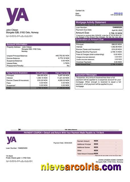 Norway yA Bank mortgage statement Word and PDF template
